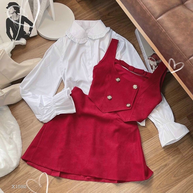 Set noel đỏ 3 món,áo sơ mi trắng, gile đỏ và chân váy đỏ siêu xinh cho bạn gái diện noel hoặc đi tiệc đi chơi siêu xinh