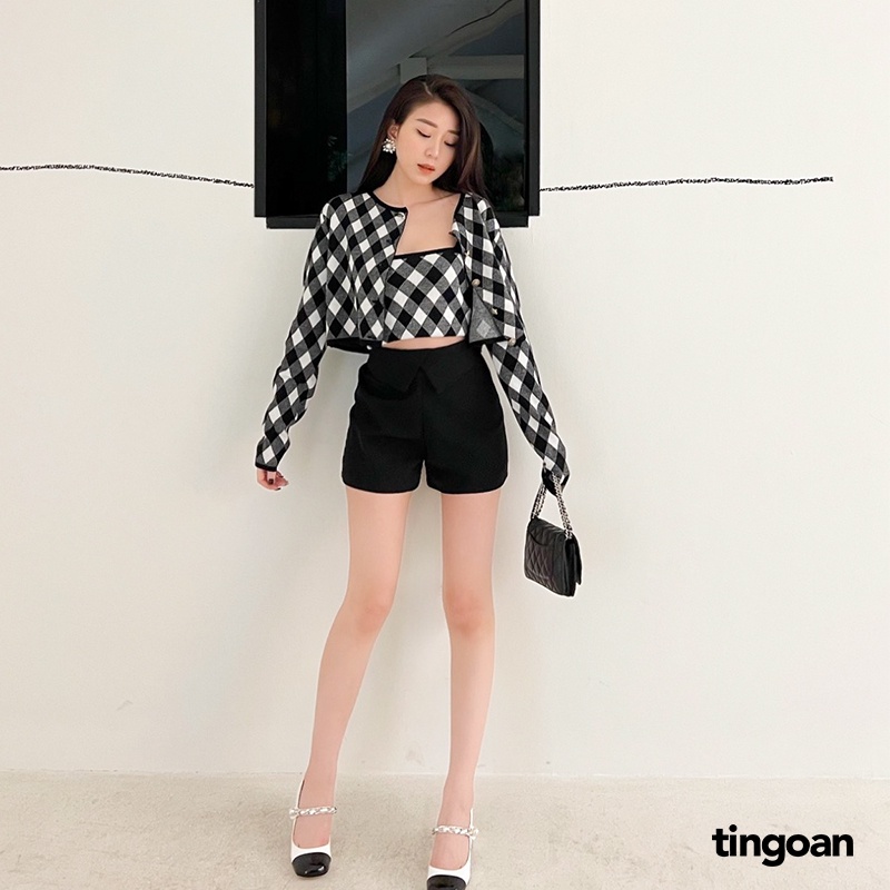 TINGOAN® - Áo cardigan len xù crop kẻ quả trám tặng kèm áo hai dây đen LOVE YOU BACK CARDIGAN/BL