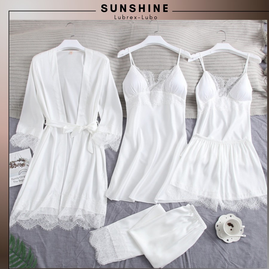 SÉT 4 Đồ Ngủ Lụa Cao Cấp Bộ Mặc Ngủ Mặc Nhà Có Mút Ngực Màu Trắng SUNSHINE MNTSET4