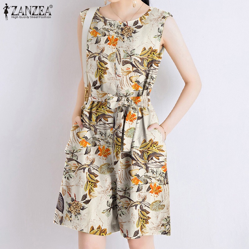 Áo liền quần ZANZEA không tay cổ tròn phong cách vintage nhiều màu sắc thời trang cho nữ