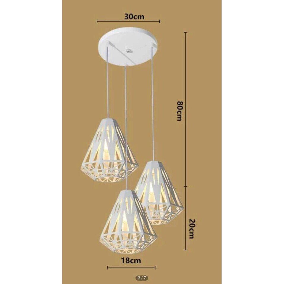 Bộ Đèn thả 3 kim cương khung sắt NB12 Đen/Trắng