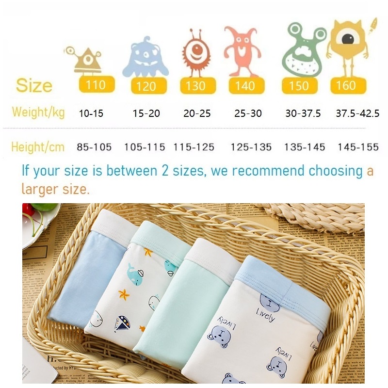 Bộ 4 Quần Lót Boxer 95% cotton In Hình Hoạt Hình Và Gấu Dễ Thương Cho Bé Trai 2-12 Tuổi