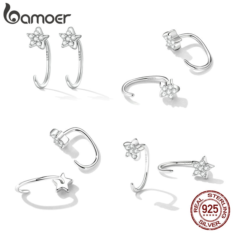 Set 2 đôi khuyên tai BAMOER bạc 925 kiểu ngôi sao thời trang