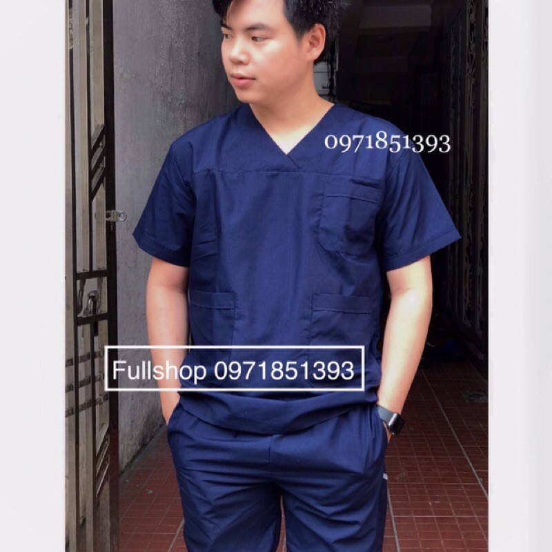 Bộ scrubs nam cổ tim cao cấp màu xanh đen - Bộ quần áo hộ lý, kỹ thuật viên, đồng phục phòng khám, thẩm mỹ viện