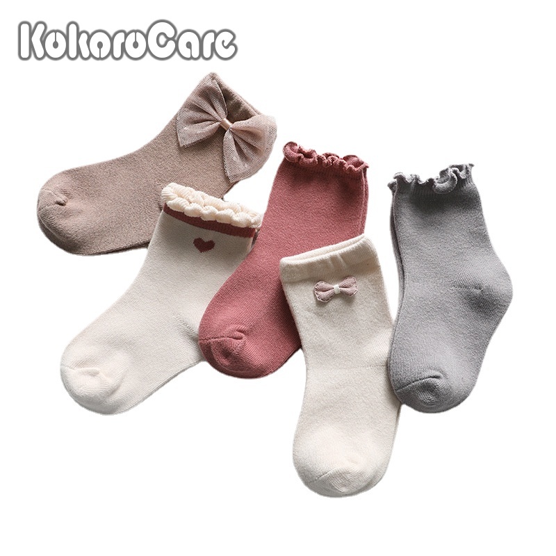 Set 5 cặp vớ KOKOROCARE YS-06 bằng cotton đính nơ phối ren màu đỏ cà phê dành cho bé gái