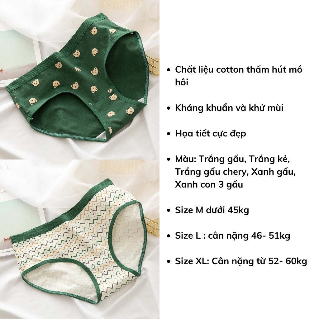 Quần lót nữ cotton kháng khuẩn khử mùi thấm hút mồ hôi họa tiết gấu cute dễ thương đáng yêu DOPICO L1760