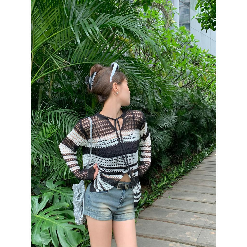 HUANG YOYO Áo croptop Áo Nữ Tay Dài Kẻ Sọc Cổ Chữ V Thời Trang