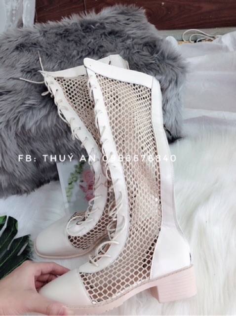 Bốt lưới đùi gót 7cm  sẵn be đen da lộn dưới gối