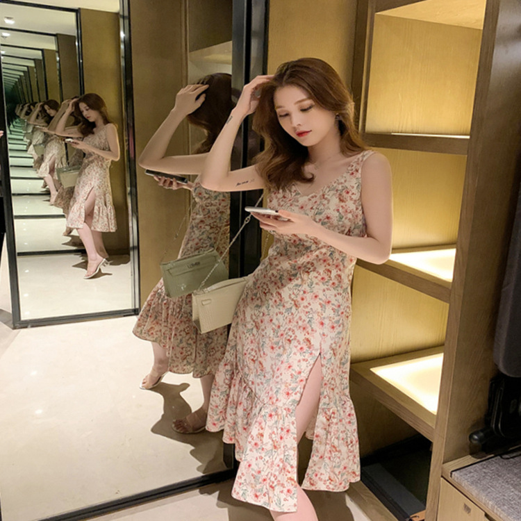 Đầm Hai Dây Dáng Dài Họa Tiết Hoa Phong Cách Hàn Quốc Nữ Tính