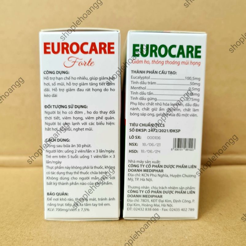 Viên uống Eurocare - Giúp giảm ho, thông thoáng mũi họng - Hộp 100 viên