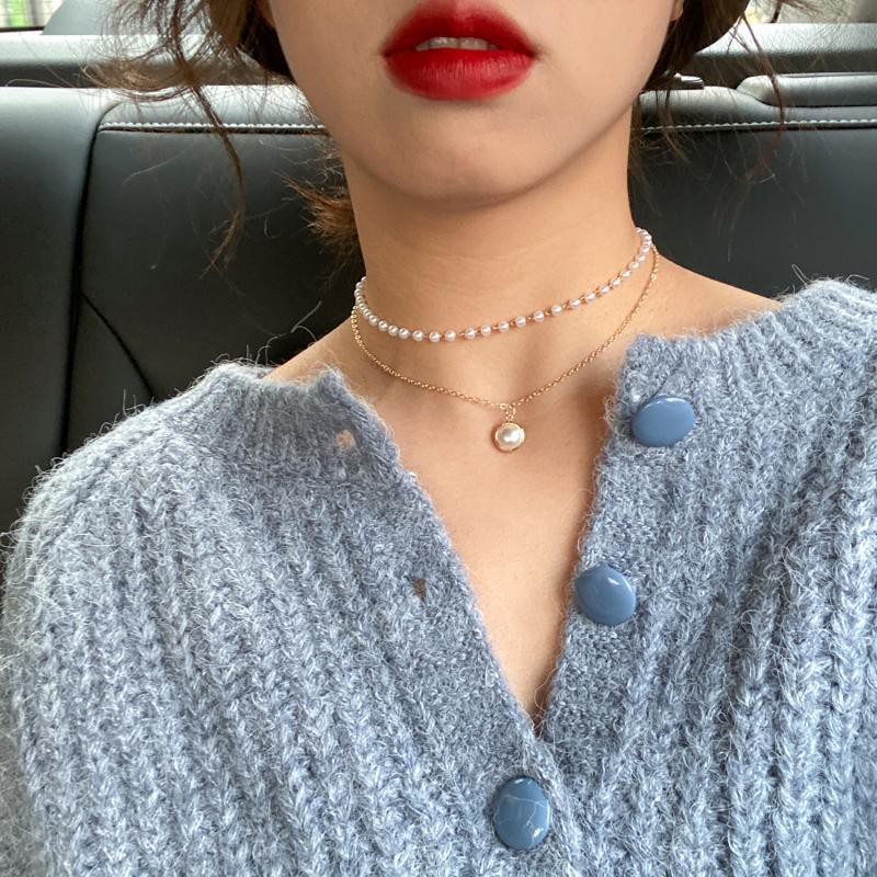 vòng cổ Choker Hai Lớp Đính Hạt Ngọc Trai Phong Cách Hàn Quốc