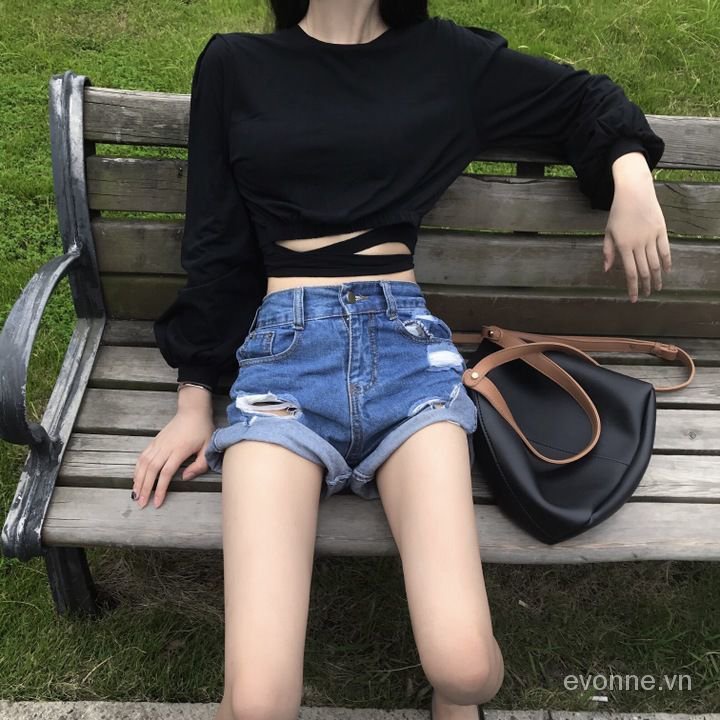 Áo Croptop Tay Dài Màu Đen Eo Cao Phong Cách Hồng Kông Quyến Rũ Cho Nữ