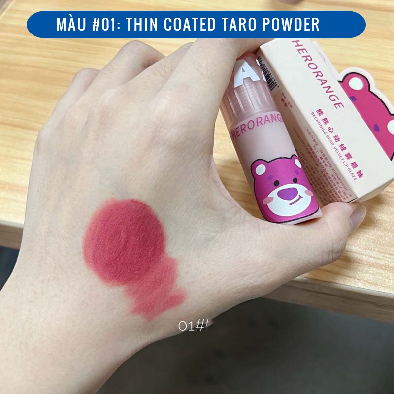 Son Herorange Gấu tím Beckoning Bear Velvet Lip Glaze, son kem lì nội địa Trung