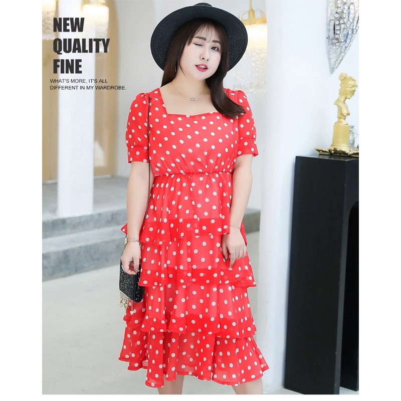 đầm voan chấm bi trắng đỏ big size cổ vuông 4 tầng size 80-100kg