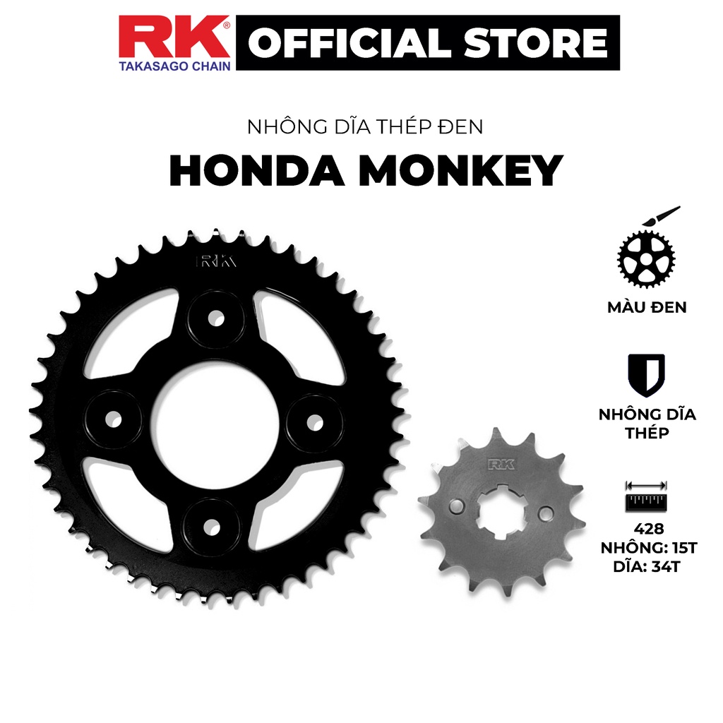 Nhông Dĩa RK Takasago chain cho xe máy Monkey, chất liệu: Thép mạ màu đen, độ dày Nhông Dĩa: 428