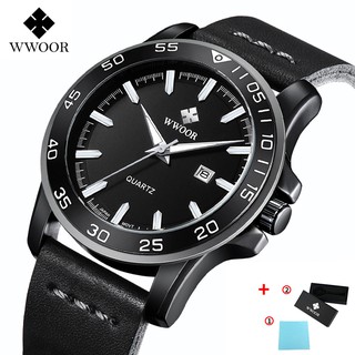 Đồng hồ thể thao WWOOR 8834 dây da đeo tay thép không gỉ mặt đá thạch anh chống thấm nước thời trang cho nam