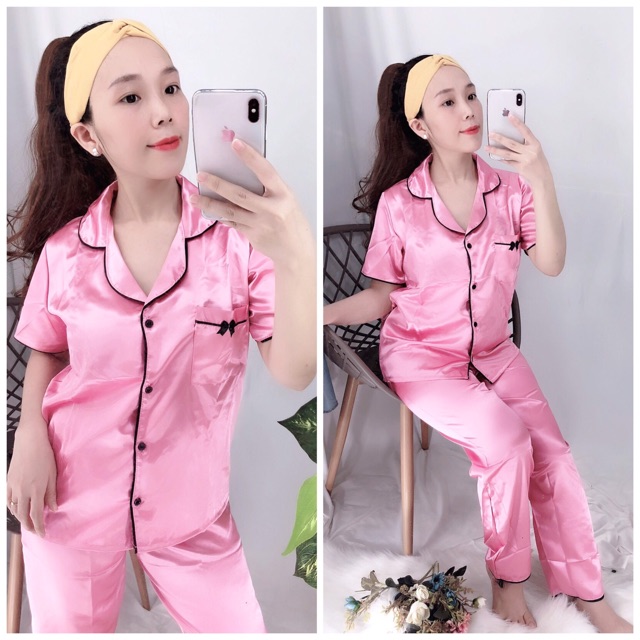 đồ bộ pijama phi lụa mặc nhà dài cộc nơ