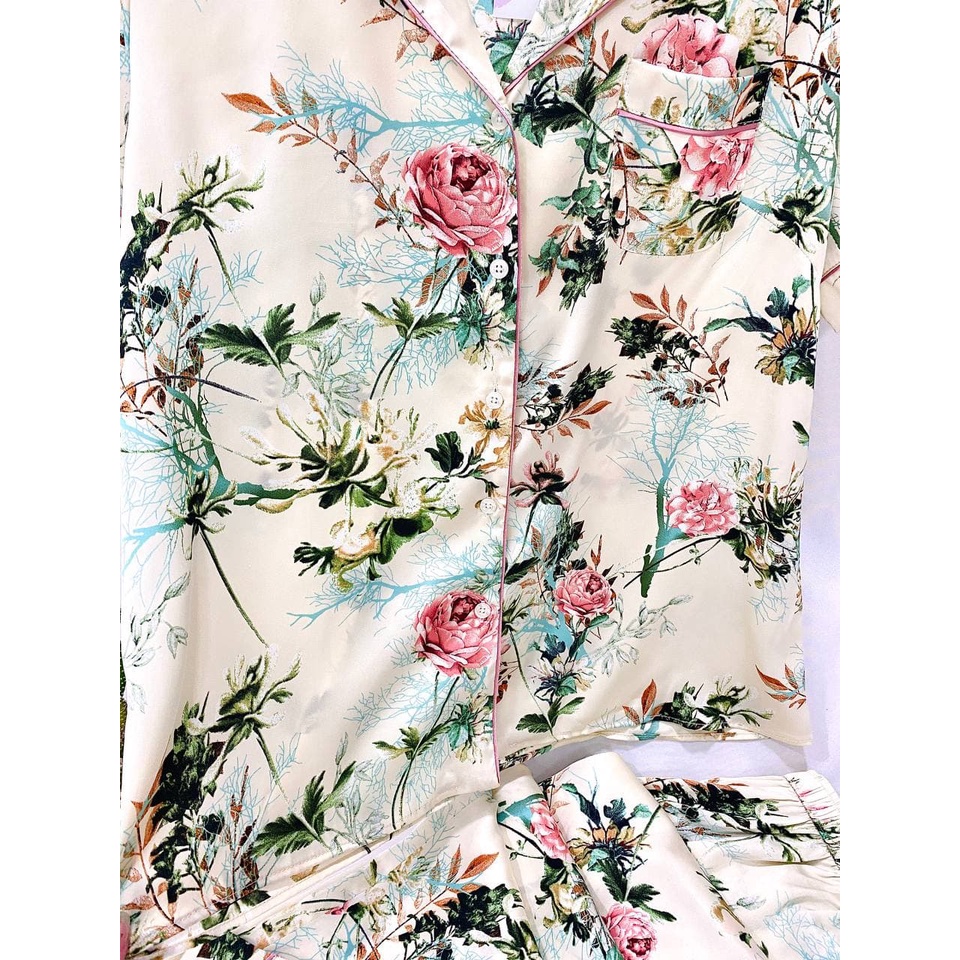 JAPAN SILK - Bộ cộc pijama lụa Nhật họa tiết hoa hồng nền trắng sang chảnh