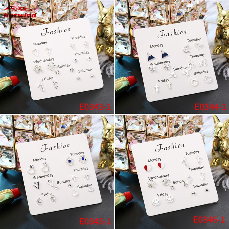 Set 7 đôi bông tai đính đá phong cách Hàn Quốc thời trang