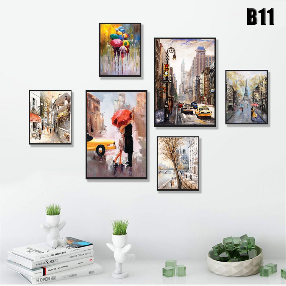 Bộ 6 bức tranh treo tường có khung gỗ ,tranh decor đa dạng