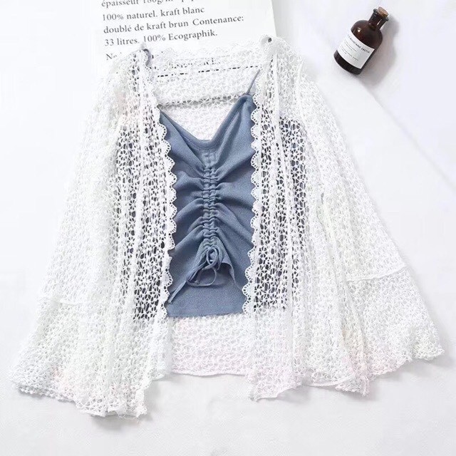 Áo khoác kimono ren hạt tay xòe