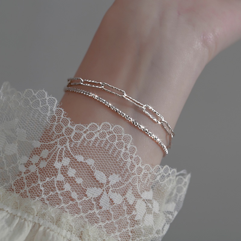 Vòng Tay 2 Pcs Korea Style Silver Link Chain Bracelet Sparkling Multi Layer Party Bracelets Set for Women Jewelry Gift