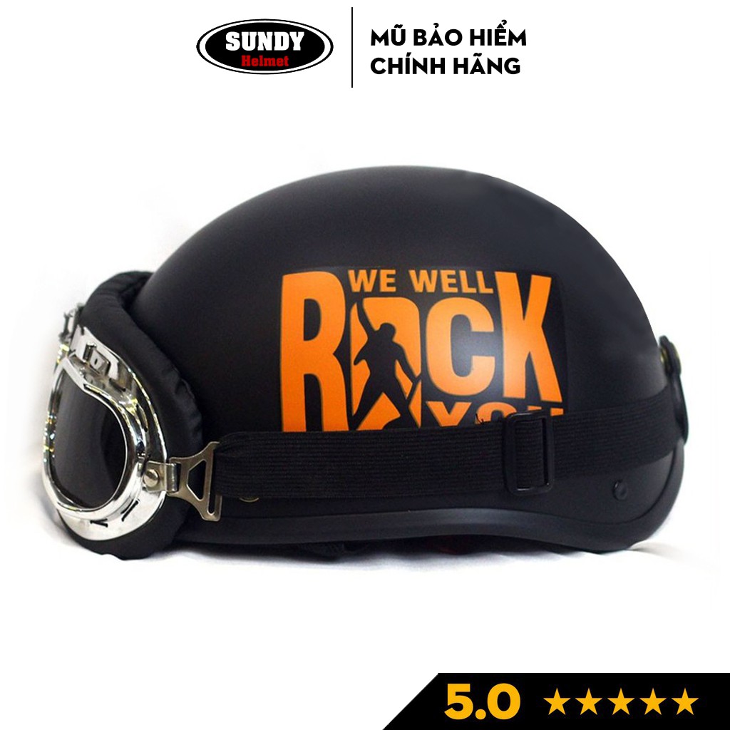 Nón bảo hiểm nửa đầu 1/2 thời trang SUNDY, Tem hình ROCK cá tính, siêu cute, freesize 55-59cm an toàn