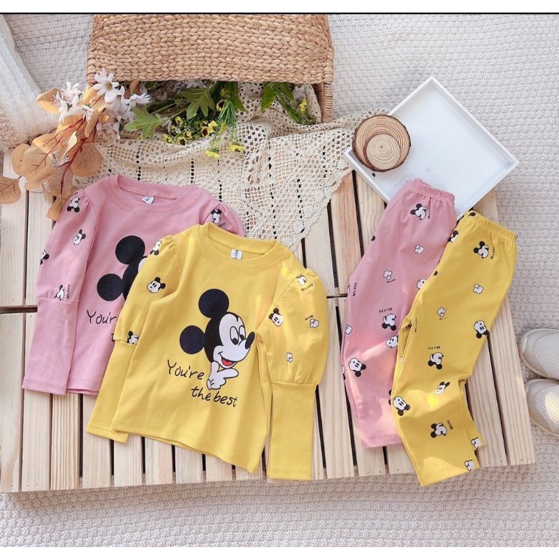 Bộ bé gái thu đông tay bồng chất cotton co dãn mịn đẹp in micky