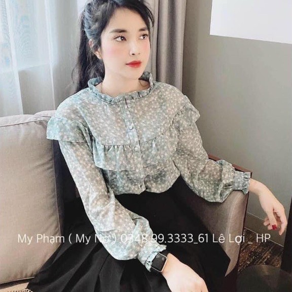 Áo hoa nhí phối bèo tiểu thư hàng loại 1 cúc bọc siêu xinh, Áo kiểu nữ tay bồng nhẹ thanh lịch trẻ trung