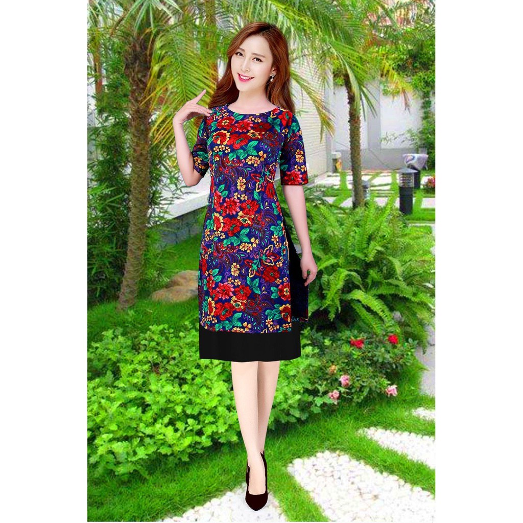 Áo Dài Cách Tân Trung Niên Gấm Thun Họa Tiết Hoa AV