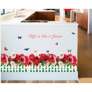 Decal dán tường chân tường hàng rào hoa đỏ BINBIN CT41