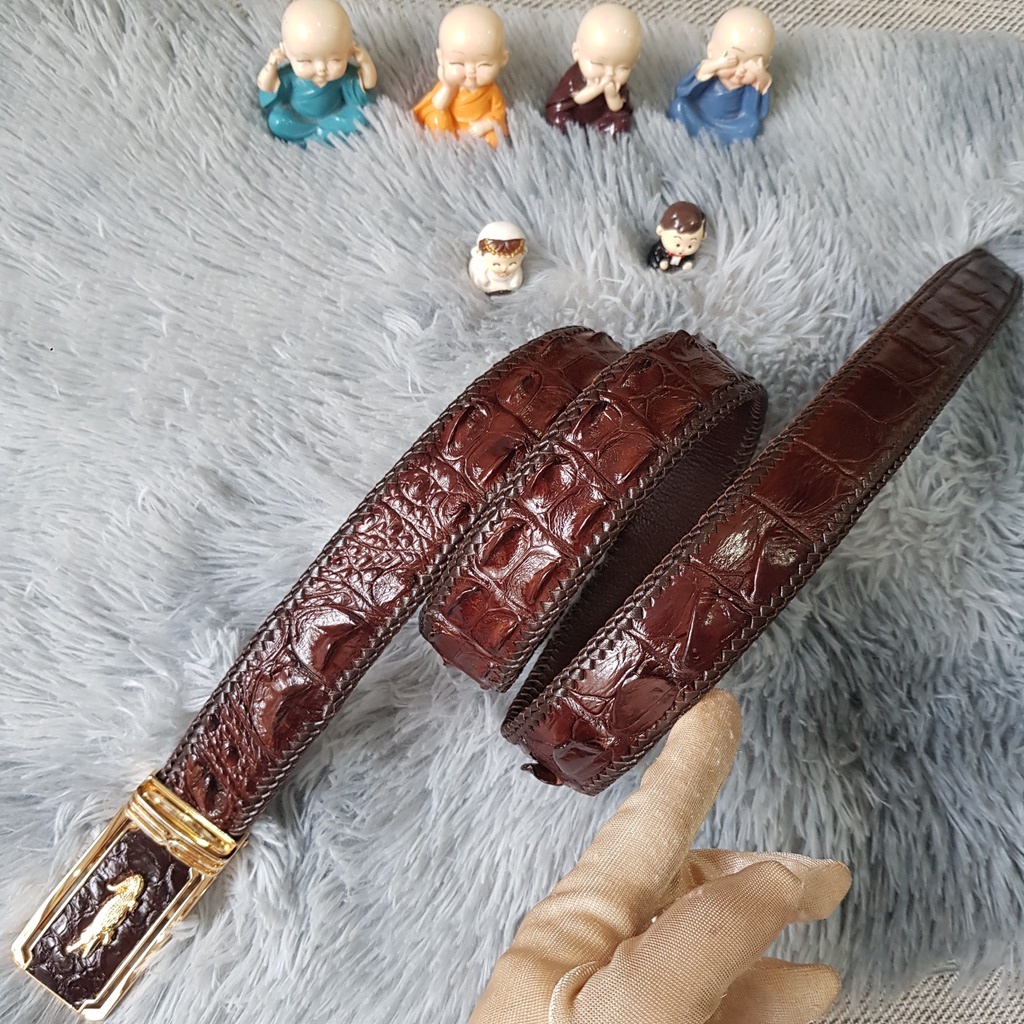 Dây Lưng Da Cá Sấu Đan Viền 3.5 Cm I Dây Lưng Da Cá Sấu Gù Lưng, Liền Nguyên Con Không Nối, Màu Nâu I Bảo Hành 24 Tháng