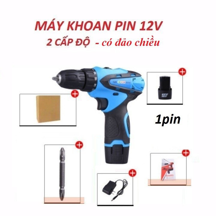 Máy khoan cầm tay 12v dùng pin 2 chức năng màu xanh