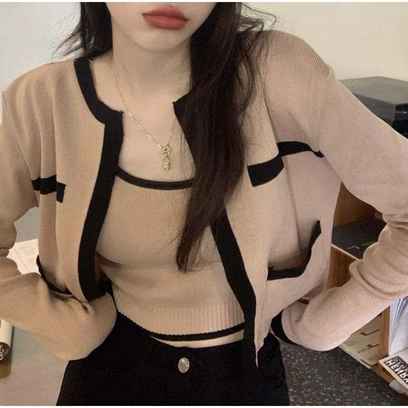Set áo Cardigan trơn viền đen