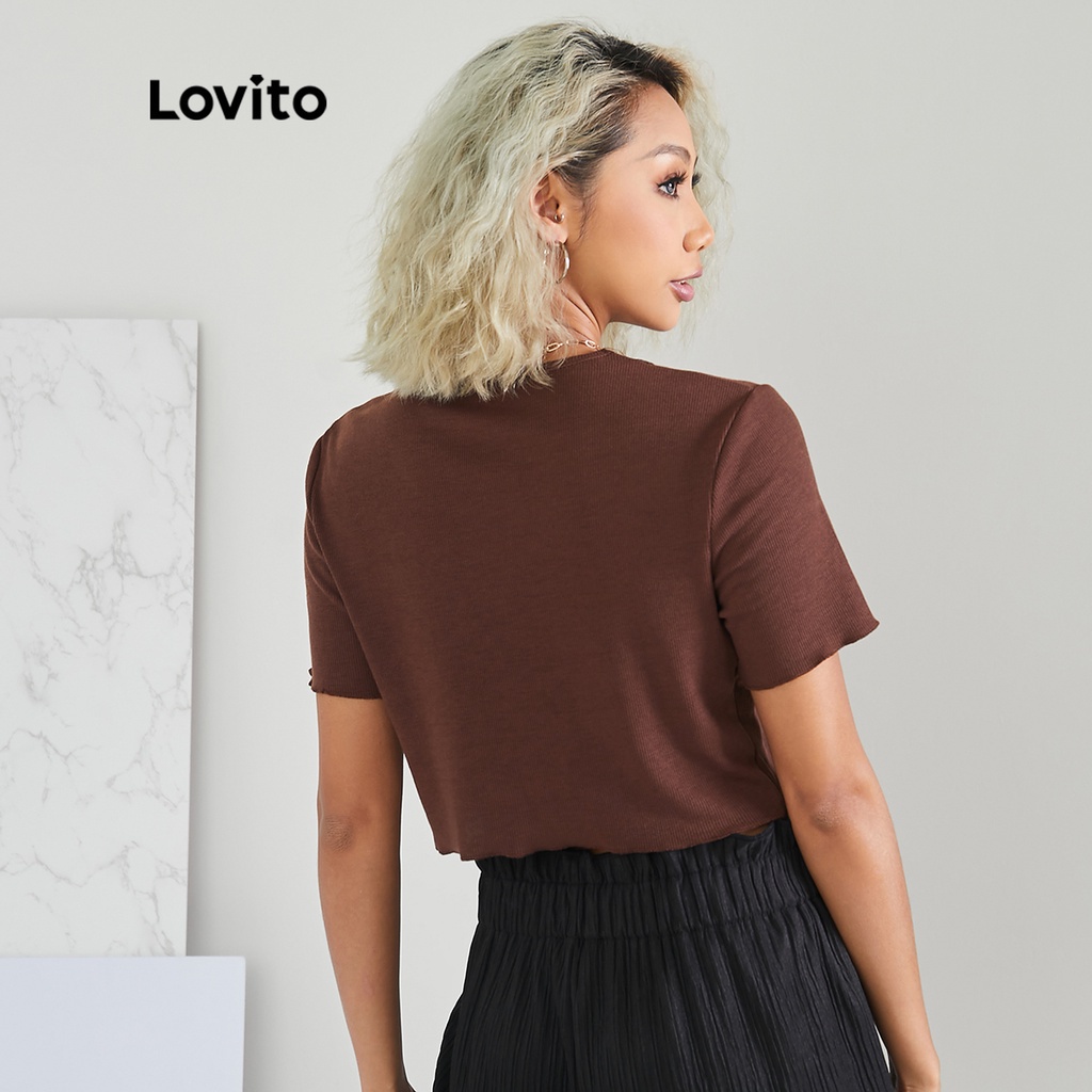 Lovito Nút CắT Trơn Đơn GiảN ĐốI LậP Áo Phông Có Cổ Chữ V L22AD020 (Màu Nâu)