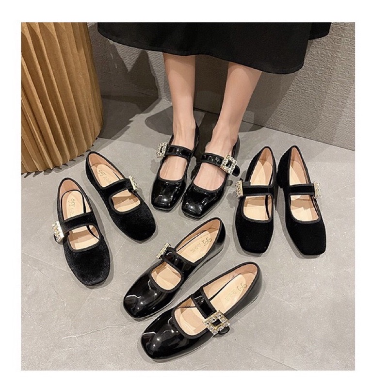 Giày búp bê cho nữ khuy đá mũi vuông đế cao 4cm