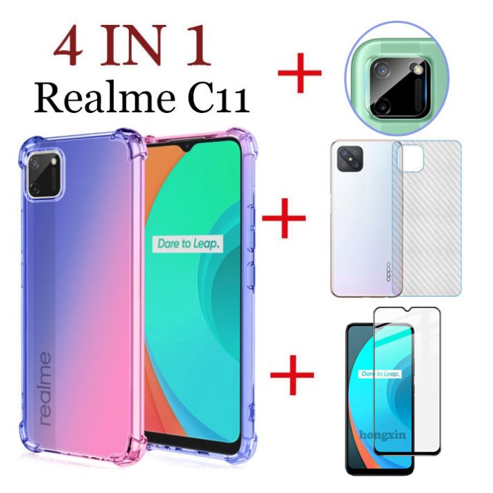 Ốp điện thoại kính cường lực + sợi carbon màu gradient + miếng dán bảo vệ ống kính máy ảnh 4 trong 1 cho OPPO Realme C11 C3 C2S C15 C25S C11 2021