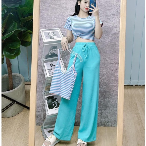 Đồ bộ nữ, set đồ bộ combo 3 món quần ống rộng thun gân borip, kèm 2 áo croptop ôm ngắn tay và 2 dây, đồ mặc nhà