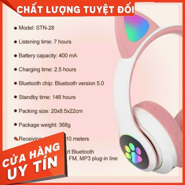 Tai nghe mèo bluetooth chụp tai cao cấp, Tai nghe mèo hồng dễ thương có micro đàm thoại, chơi game. Headphone phát sáng