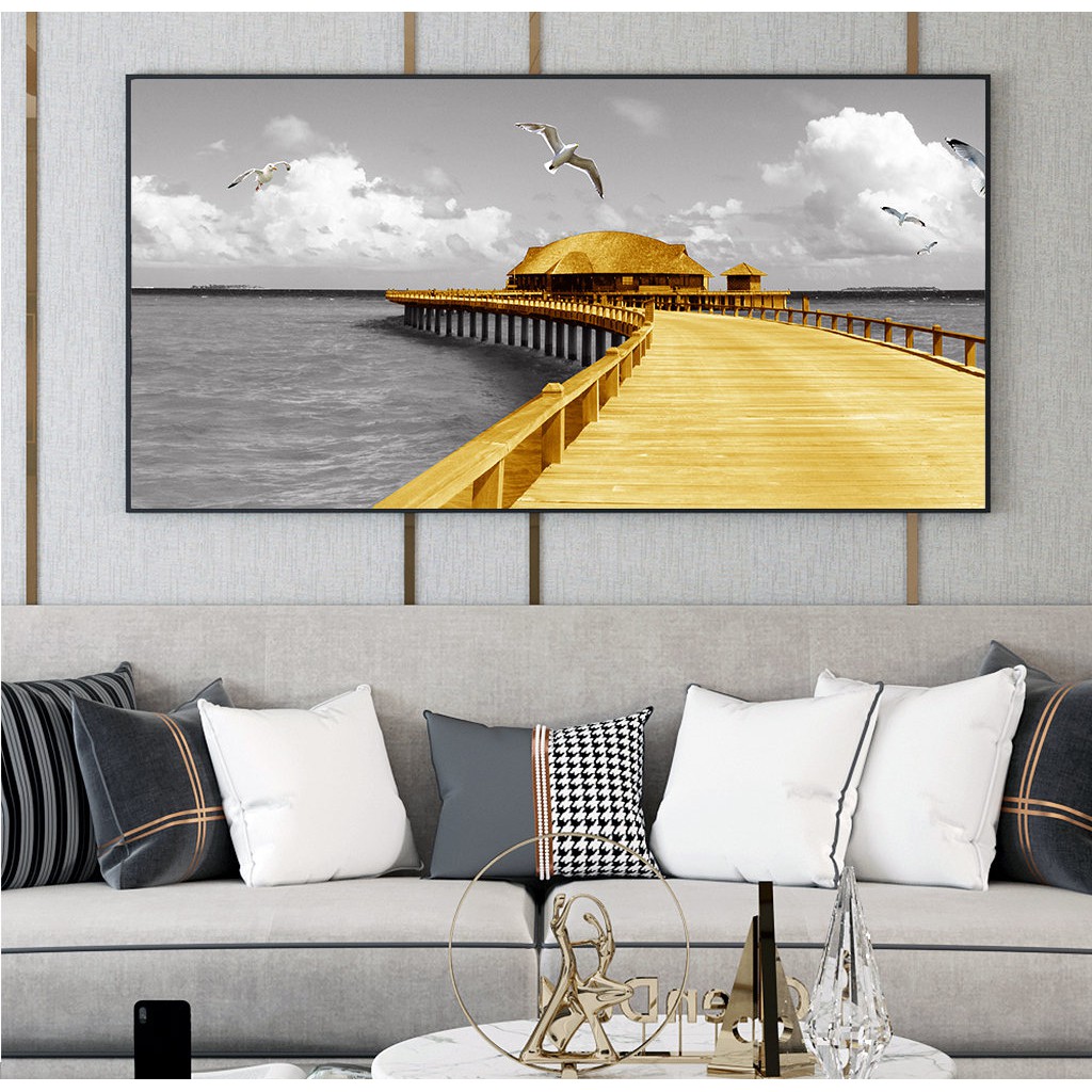 Tranh treo tường hiện đại lối đi cầu cảng biển thiên nhiên đẹp chất liệu bóng kính hoặc vải canvas ZTU_52462