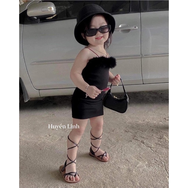 Đầm Body Lông  Hai Dây Sang Trọng Cho Bé Gái Chất Thun Gân Co Dãn