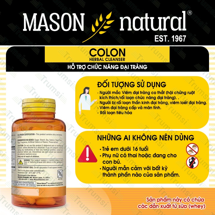 Viên uống Mason Colon Herbal Cleanser hỗ trợ chức năng đại tràng giúp bổ sung chất xơ cải thiện tiêu hóa giảm táo bón