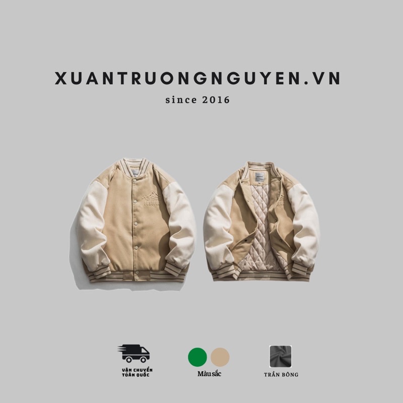 Áo khoác bomber jacket varsity Fuseehu màu mới trần trám siêu ấm áp