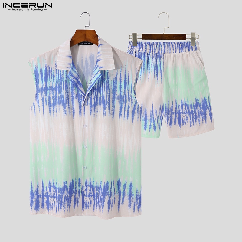 INCERUN Set Đồ 2 Món Gồm Áo Không Tay In Họa Tiết + Quần Ngắn Co Giãn Thời Trang Cho Nam