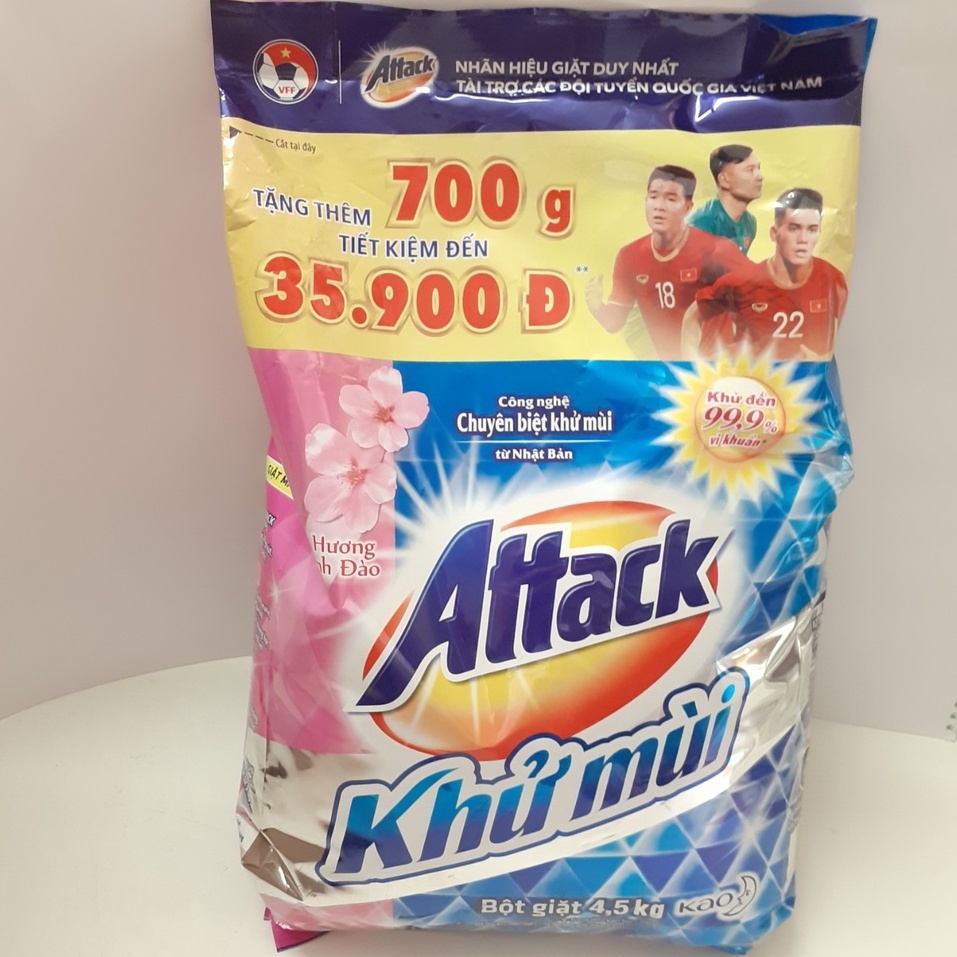 Bột giặt ATTACK Khử mùi hương ANH ĐÀO gói 4.5kg mẫu mới 2021