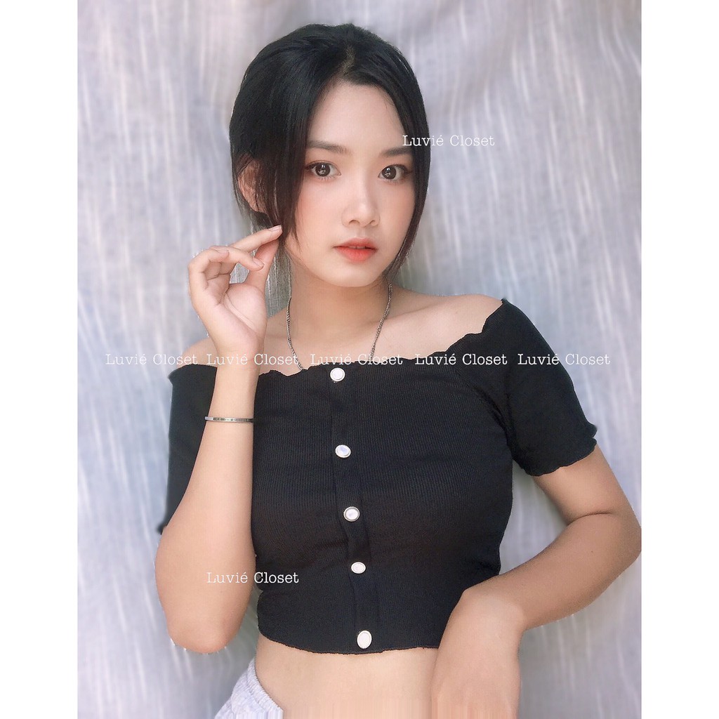 Áo thun gân tay ngắn siêu xinh - Áo croptop trễ vai phối nút