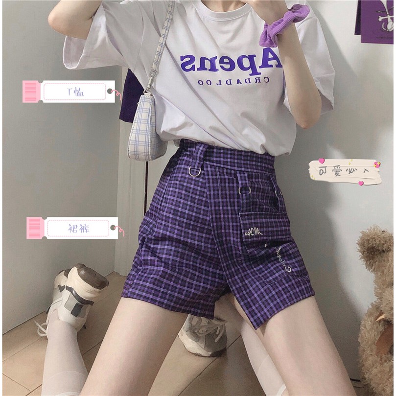 Set áo thun tay ngắn tay ngắn cổ tròn + quần short ngắn kẻ sọc caro màu tím giả váy ulzzang ( 2 màu )