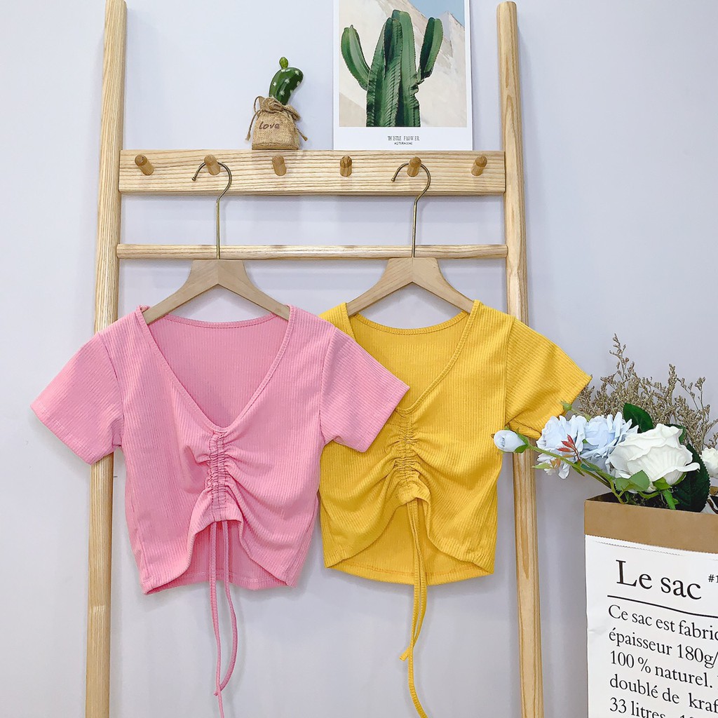 Áo kiểu rút dây giữa viền cuồn biên chất thun gân mềm mịn cực xinh