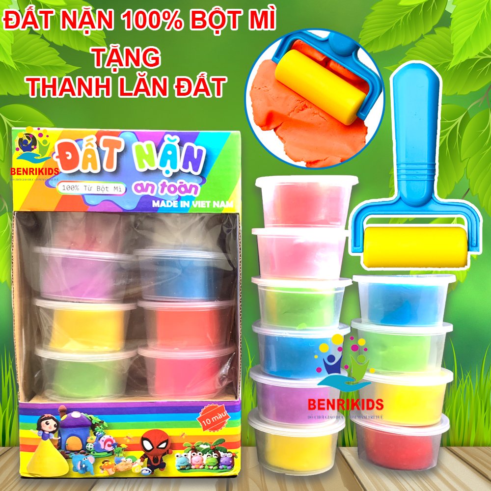 Tặng Kèm Thanh Lăn Cán Đất Đất Nặn Hộp 10 Màu Đất Nặn Bột Mì Không Bết Dính Tay- Đồ Chơi Trẻ Em An Toàn