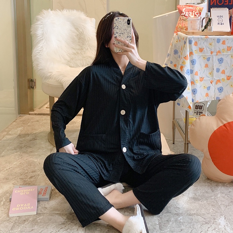 Bộ đồ ngủ tay dài màu đen trơn đơn giản chất lượng cao thời trang mùa đông